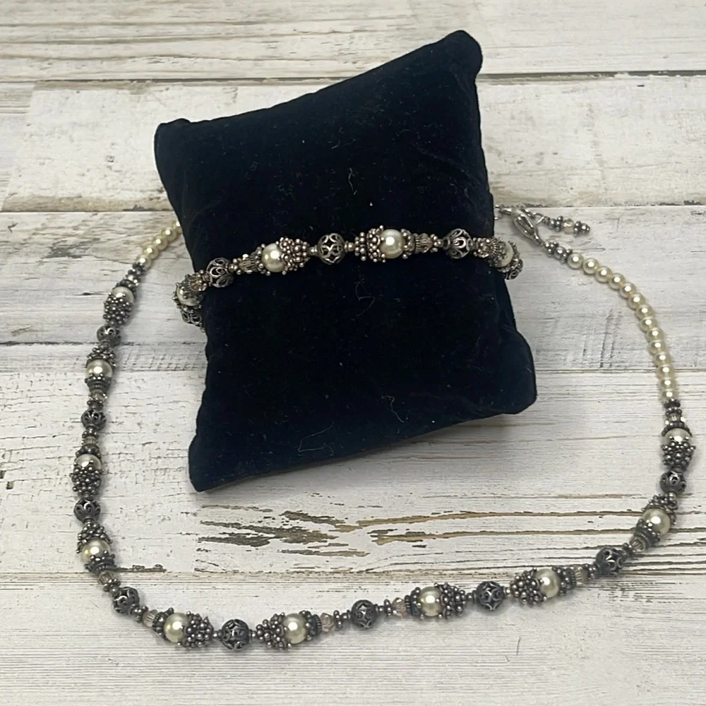 Vintage Sterling Silver Pearl Beaded Necklace
